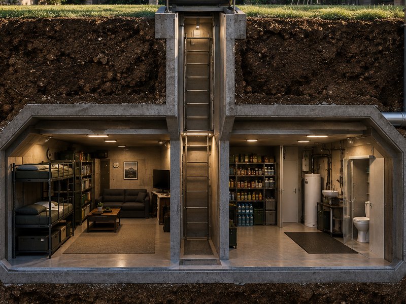 Vue en coupe d'un bunker anti-atomique enterré, espace de vie et réserves