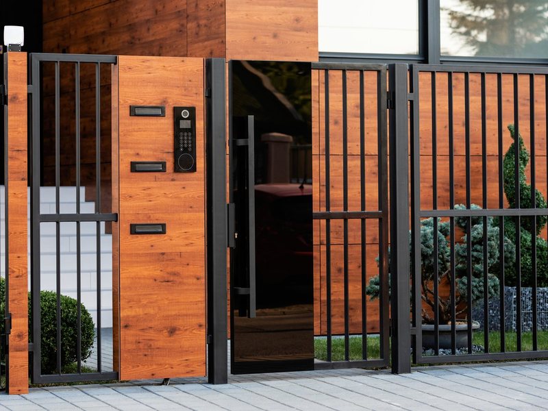 Grille de protection et portail en acier devant une maison moderne