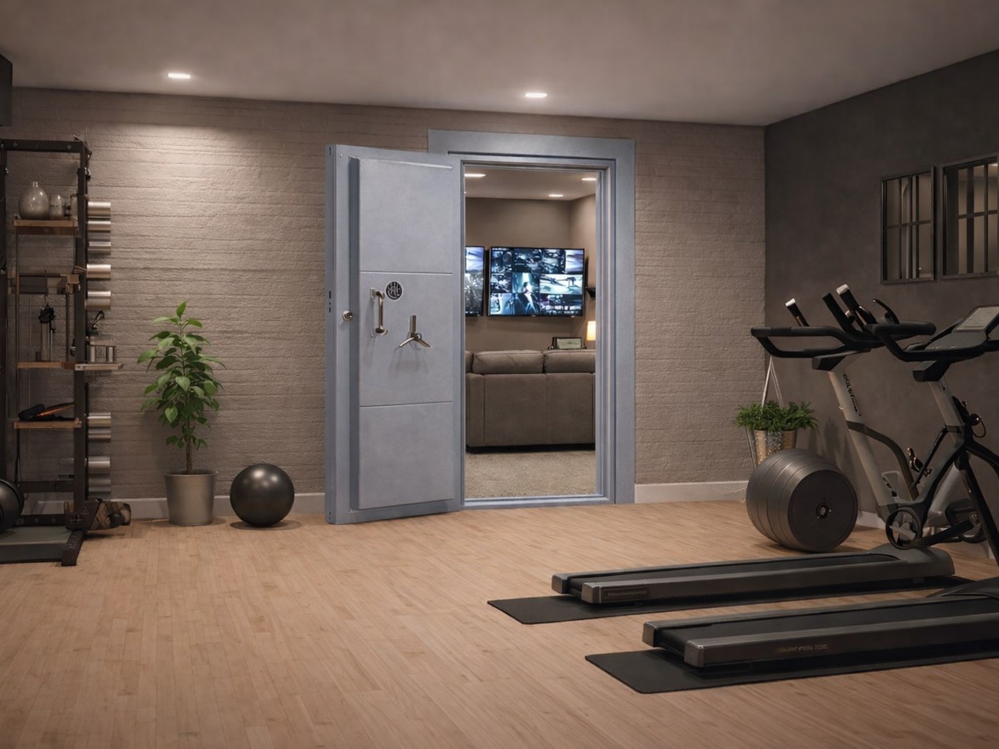 Dans une salle de sport, pièce blindée intégrée à une habitation