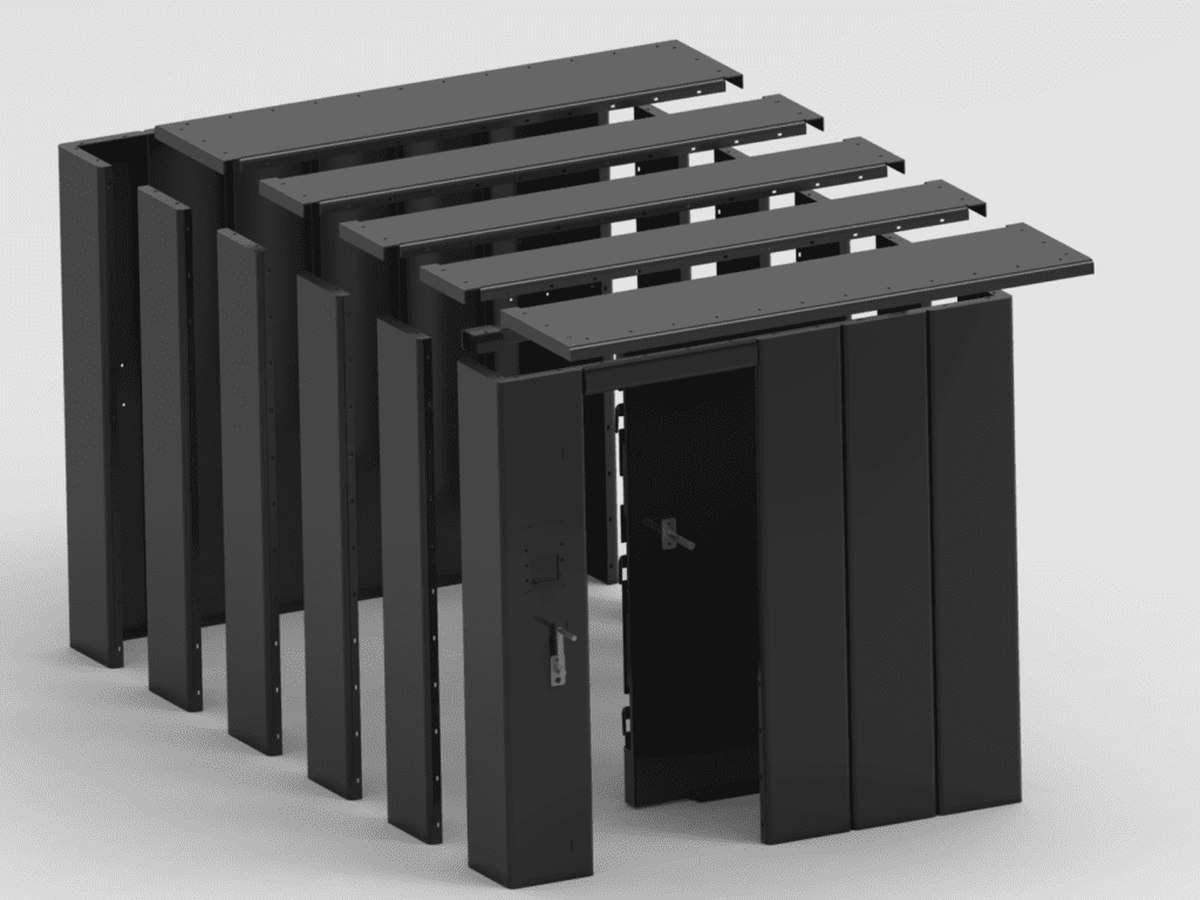 Vue éclatée des panneaux modulaires en acier d'une pièce blindée