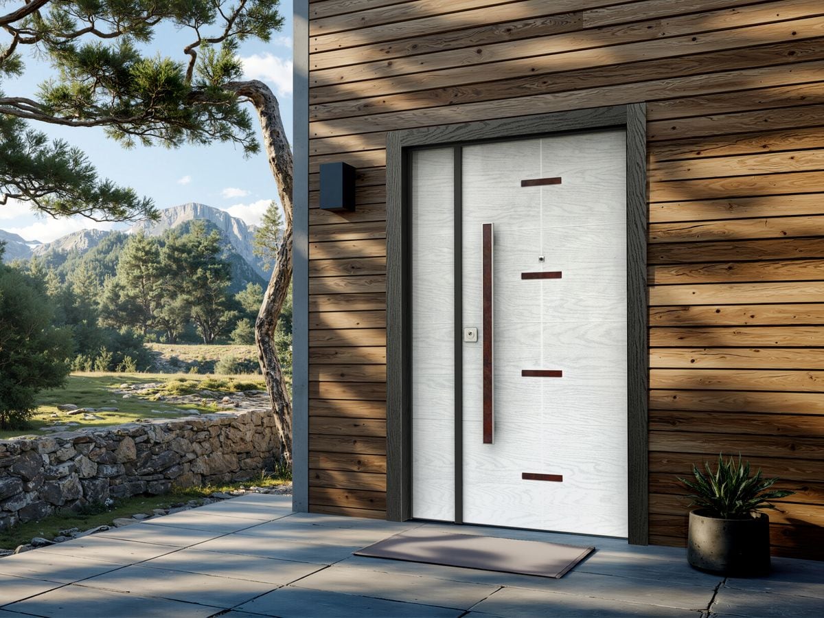Porte blindée blanche à inserts cuivrés et grande poignée verticale, dans un bardage en bois