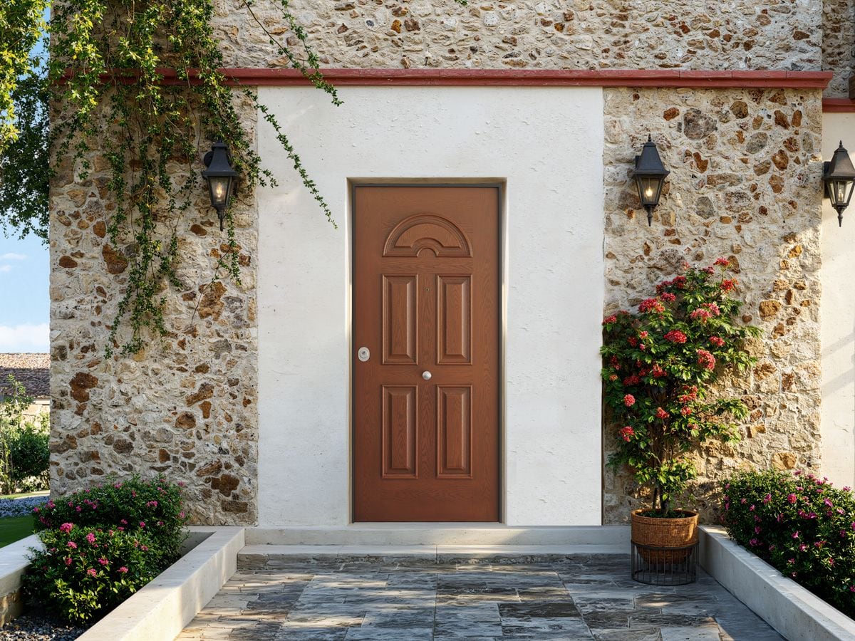 Porte blindée couleur noyer à panneaux moulurés, sur une façade en pierre fleurie
