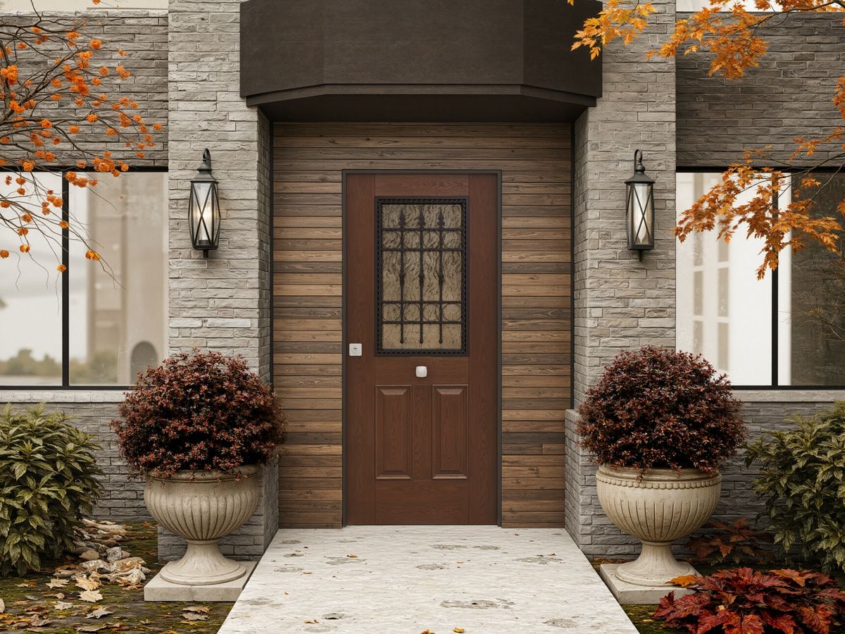 Porte blindée couleur noyer avec vitrage à grille en fer forgé, entre deux lanternes