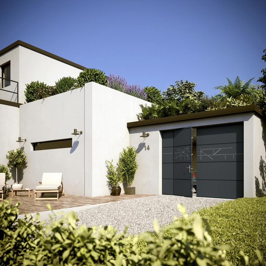 Porte de garage sectionnelle anthracite sur une maison contemporaine