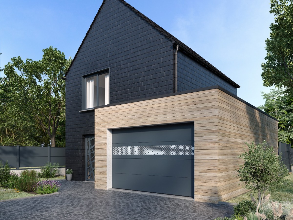 Porte de garage à bandeau décoratif sur une façade en bardage bois