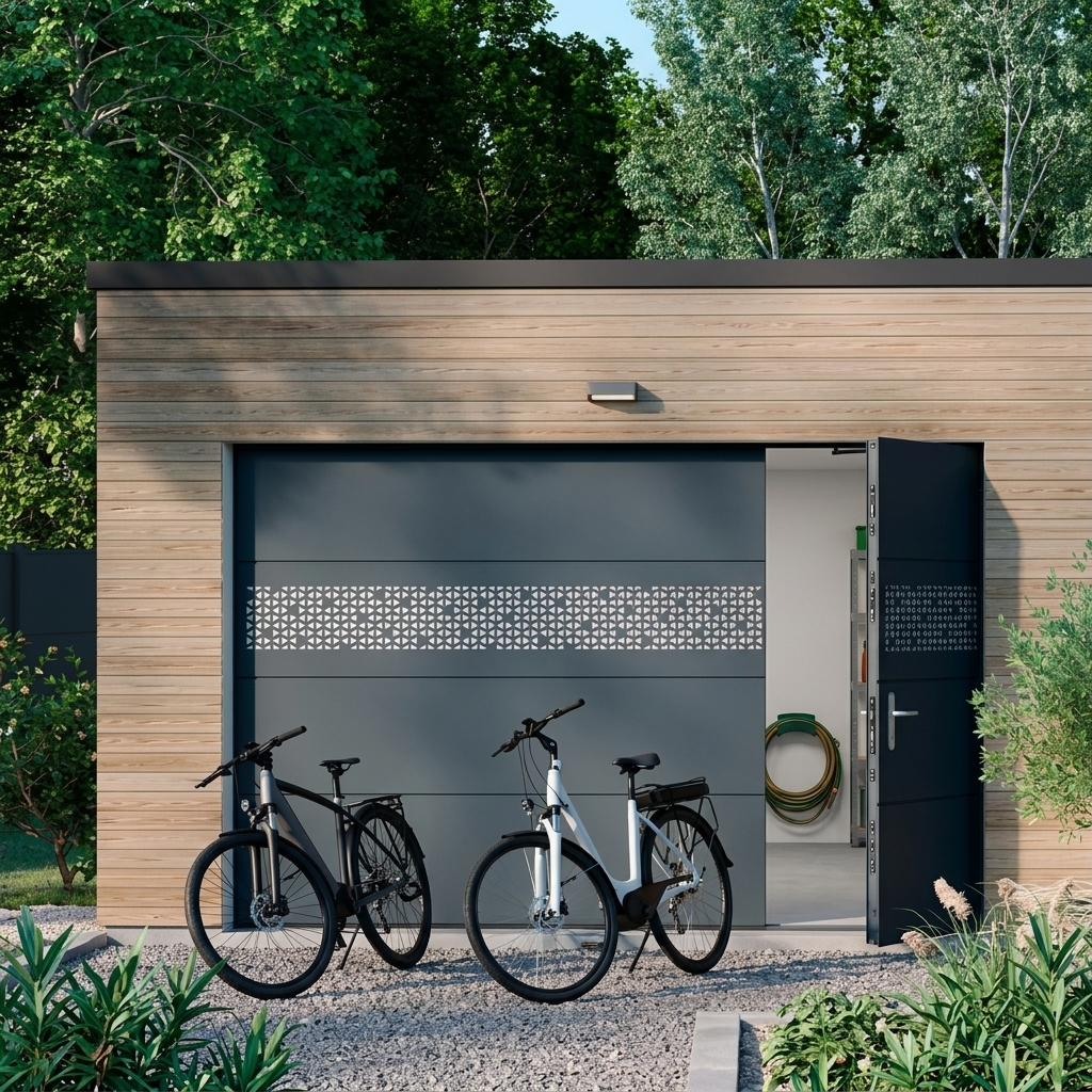 Porte de garage double avec portillon intégré, sur une façade en bardage bois