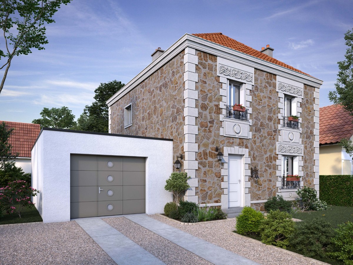 Porte de garage grise sur une maison en pierre