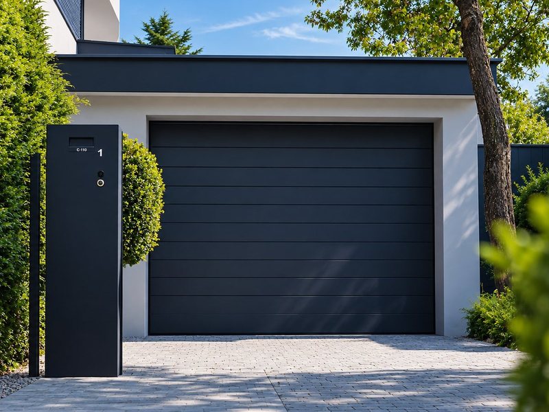 Porte de garage sectionnelle anthracite installée sur une maison contemporaine