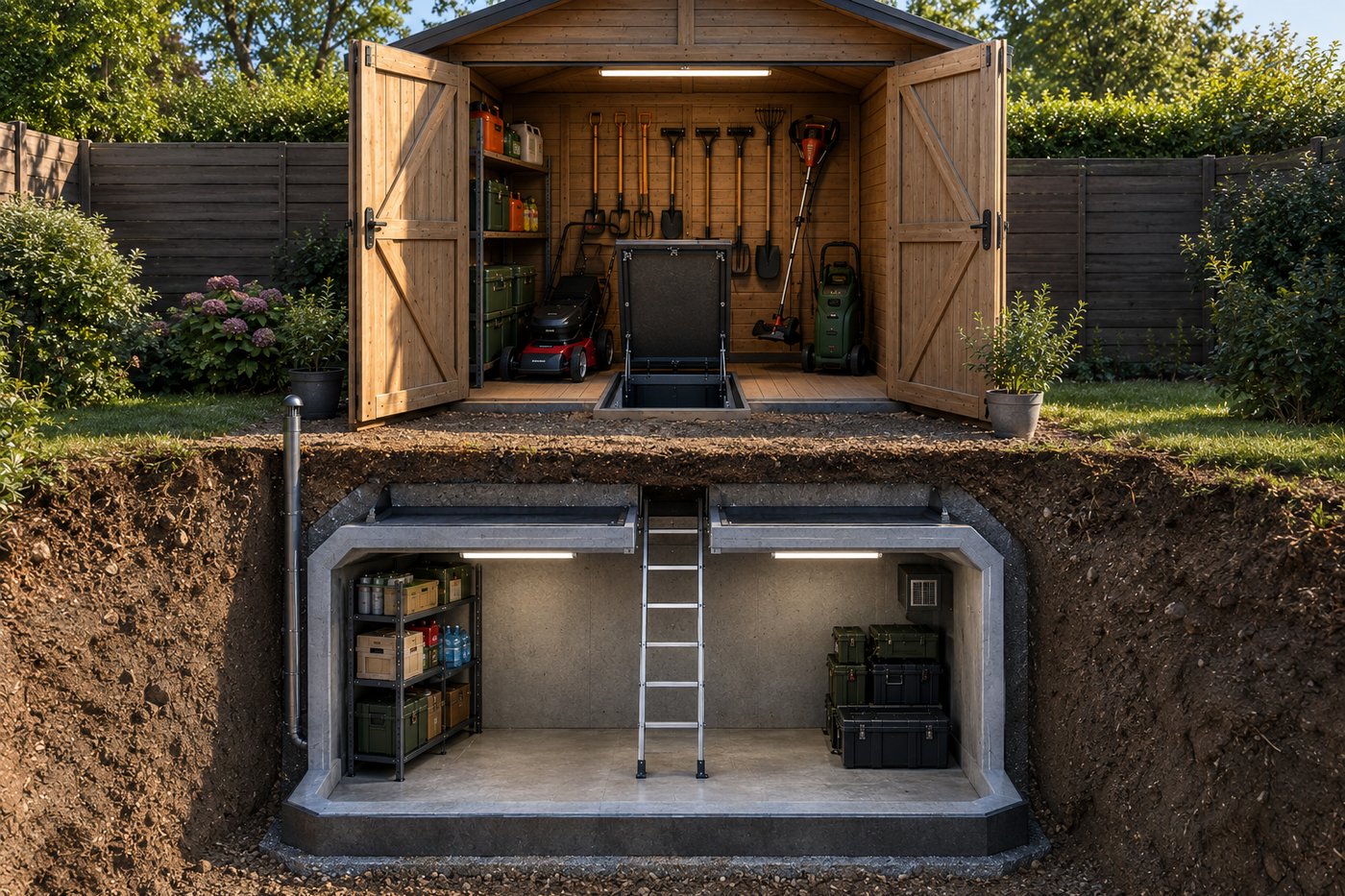 Vue en coupe du refuge souterrain SAFE-ONE installé sous un abri de jardin, avec trappe intégrée et échelle